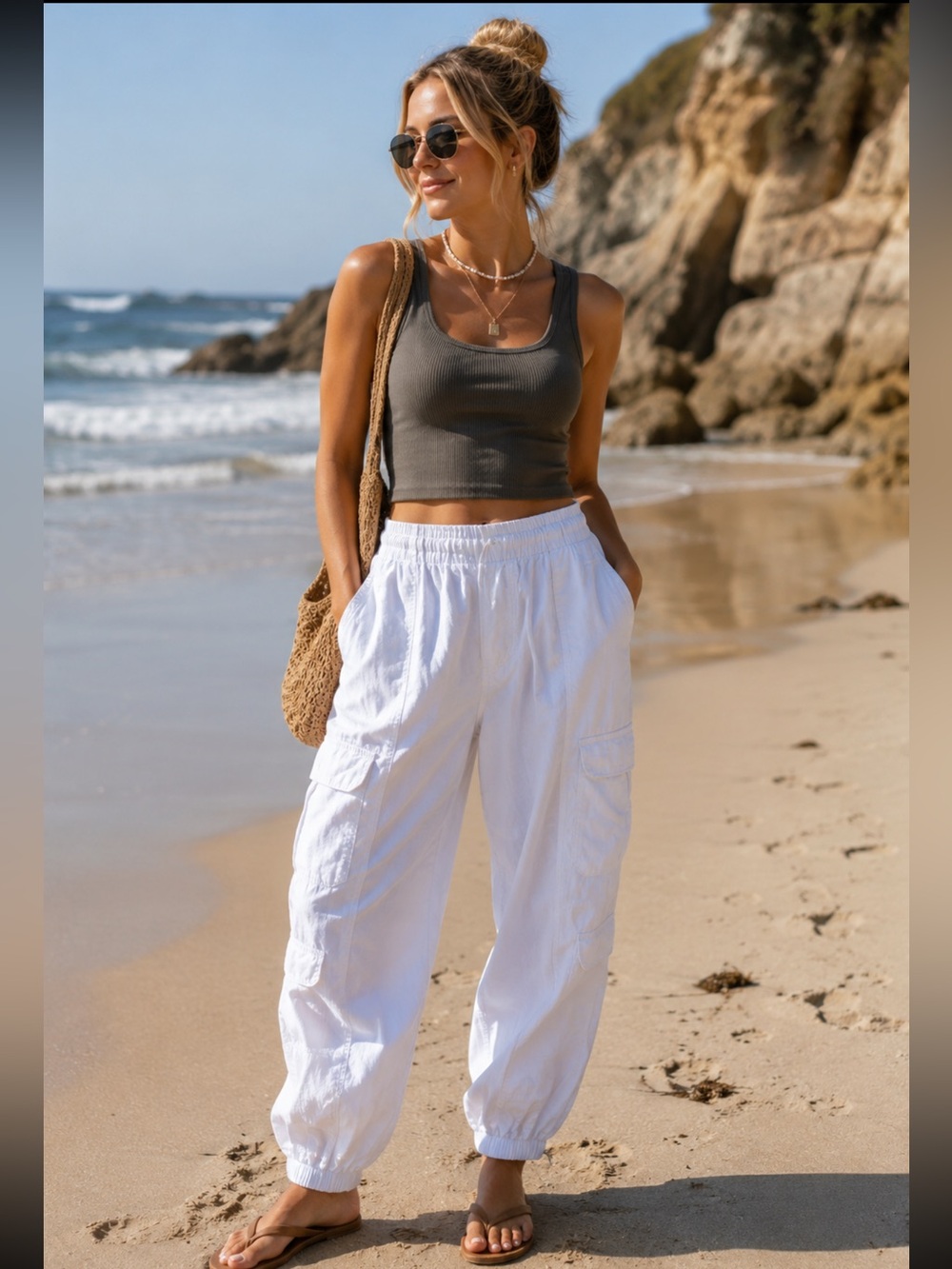 Green Goddess White Cargo  Pants - Utility Pockets, Elastic Cuffs and waste. M